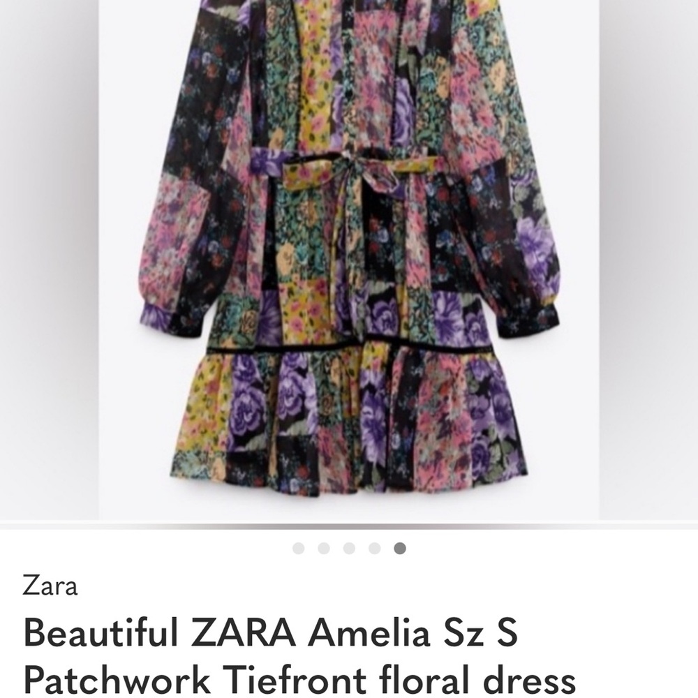 ZARA Patchwork Floral Long-Sleeve Dress - Black, Pink, Purple, Yellow, Green